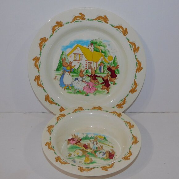 VTG 2002 Royal Doulton Bunnykins Melamine Child Plate and Bowl Set Bunnies Dance - Picture 1 of 7
